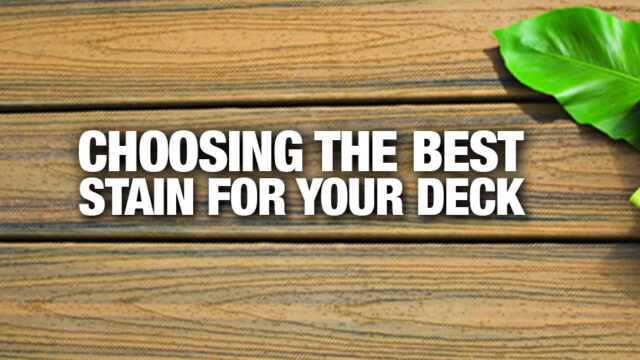 Text on wooden background reading "Choosing the best stain for your deck" with a small plant on the top right corner.