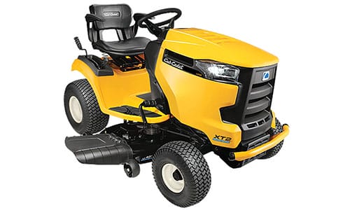 Yellow riding lawn mower with black seat and large tires.