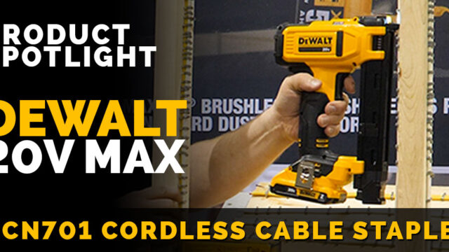 DEWALT 20V MAX cordless cable stapler being held, showcasing its brushless motor and efficient design for cable installation.