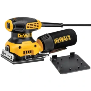 Dewalt electric sander with detachable dust bag and base plate, ideal for woodworking and finishing projects.
