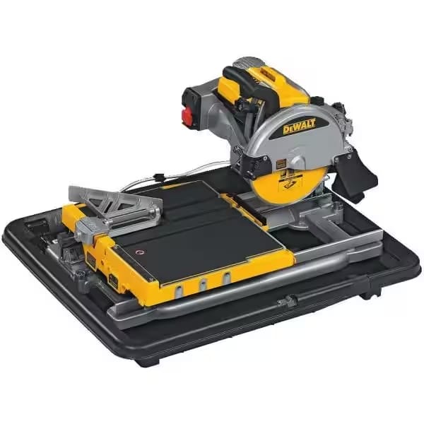 Wet tile saw with yellow and black design, featuring a sliding table for precise cutting and a handle on the left side