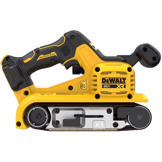 Yellow and black handheld power sander with brand name visible on the side.