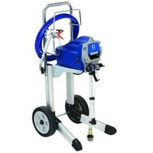 Electric airless paint sprayer on wheels with blue and silver design, featuring a handle and black wheels for easy mobility.