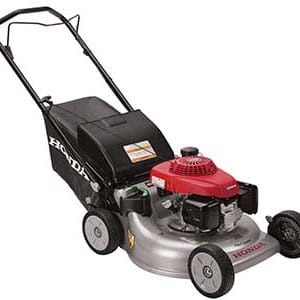 Red and black push lawn mower on a white background.