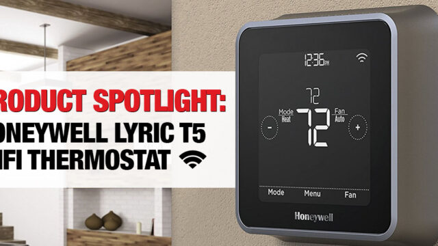 Honeywell Lyric T5 thermostat in a home setting with a wooden shelf and decorative items in the background.