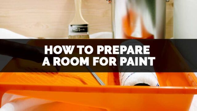 Paint roller and brush on orange tray with text "How to Prepare a Room for Painting"
