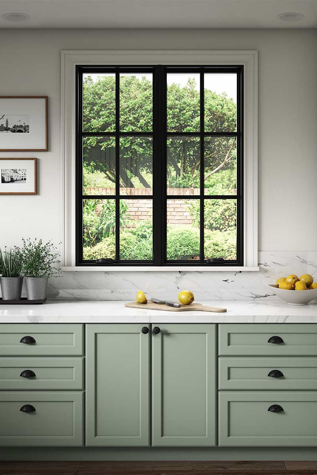 The picture depicts a kitchen with green cabinetry, a white marble countertop, a window with black trim, and various decor items.