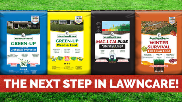 Four lawn care products displayed on grass with a banner reading "Next Step in Lawn."