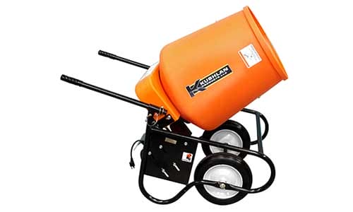Orange portable cement mixer on black frame with two wheels and handles for easy transport.