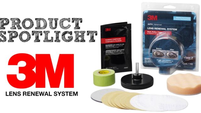 3M headlight restoration kit including sanding discs, polishing pad, and compound tube displayed on a white background.