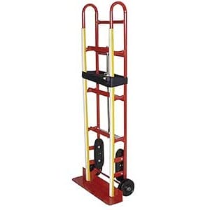 Red and yellow hand truck with black wheels, designed for moving heavy items.