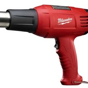 Red electric heat gun with ergonomic handle and adjustable nozzle, used for various DIY and industrial applications.