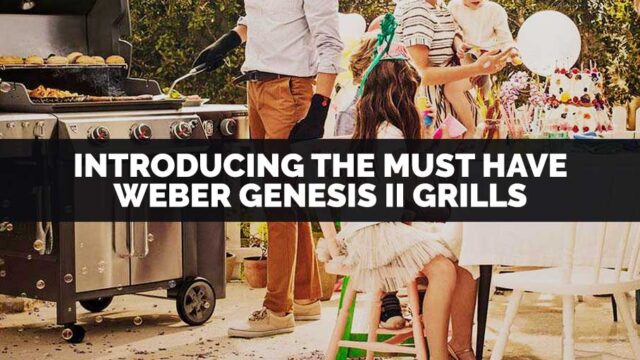 Family grilling with a Weber Genesis II grill in a backyard setting.