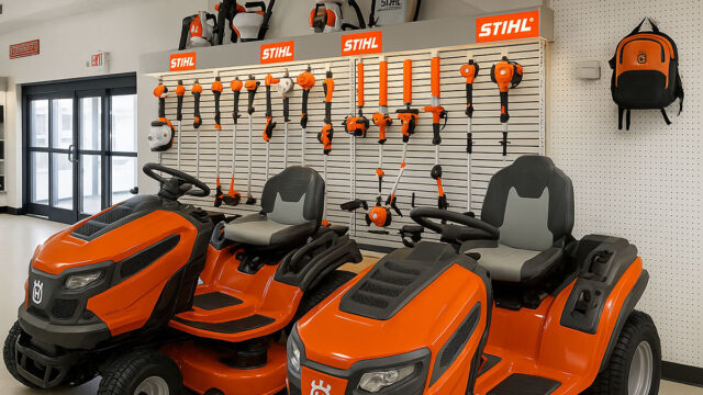 Display of orange and black lawn mowers and garden tools in a showroom with STIHL branding on the wall.