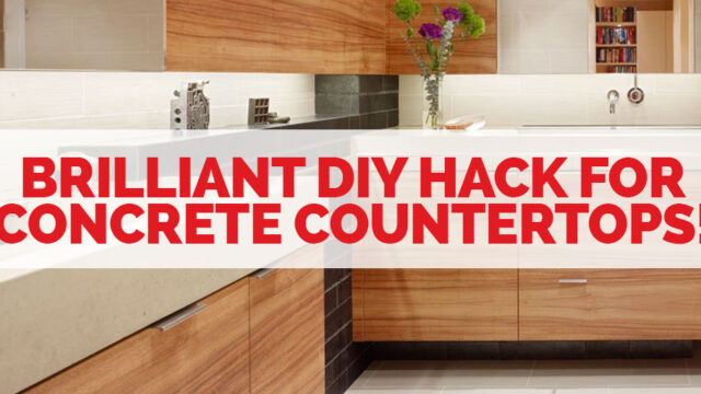 Modern kitchen with wooden cabinets and a concrete countertop. Red text overlay: "Brilliant DIY Hack: Concrete Countertops".