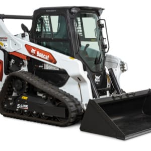 Compact track loader with a front bucket attachment, suitable for construction and landscaping tasks.