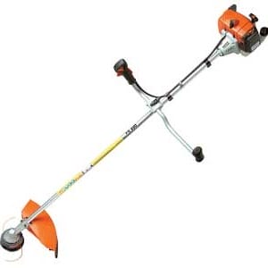 Orange and silver string trimmer with a curved shaft and two handles on a white background.