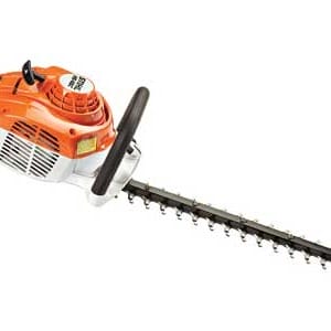 Gas-powered hedge trimmer with orange motor housing and long black blade for trimming bushes and hedges.