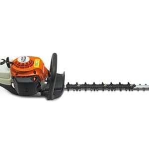 Gas-powered hedge trimmer with orange and black engine, shown on a white background.