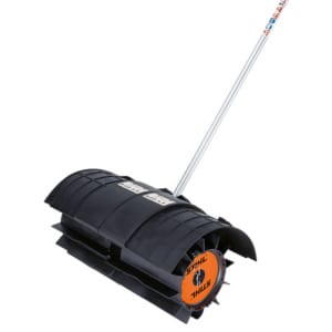 Electric snow sweeper with a long handle, featuring a black and orange design, on a white background.