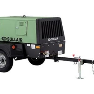 Green portable air compressor on wheels with a black grille, labeled Sullair, and a towing hitch in front.
