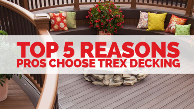 Top 5 reasons to choose Trex decks, featuring seating area with colorful cushions and a central plant arrangement.
