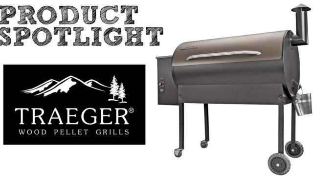 Traeger pellet grill alongside product spotlight text and logo with mountain and trees design.