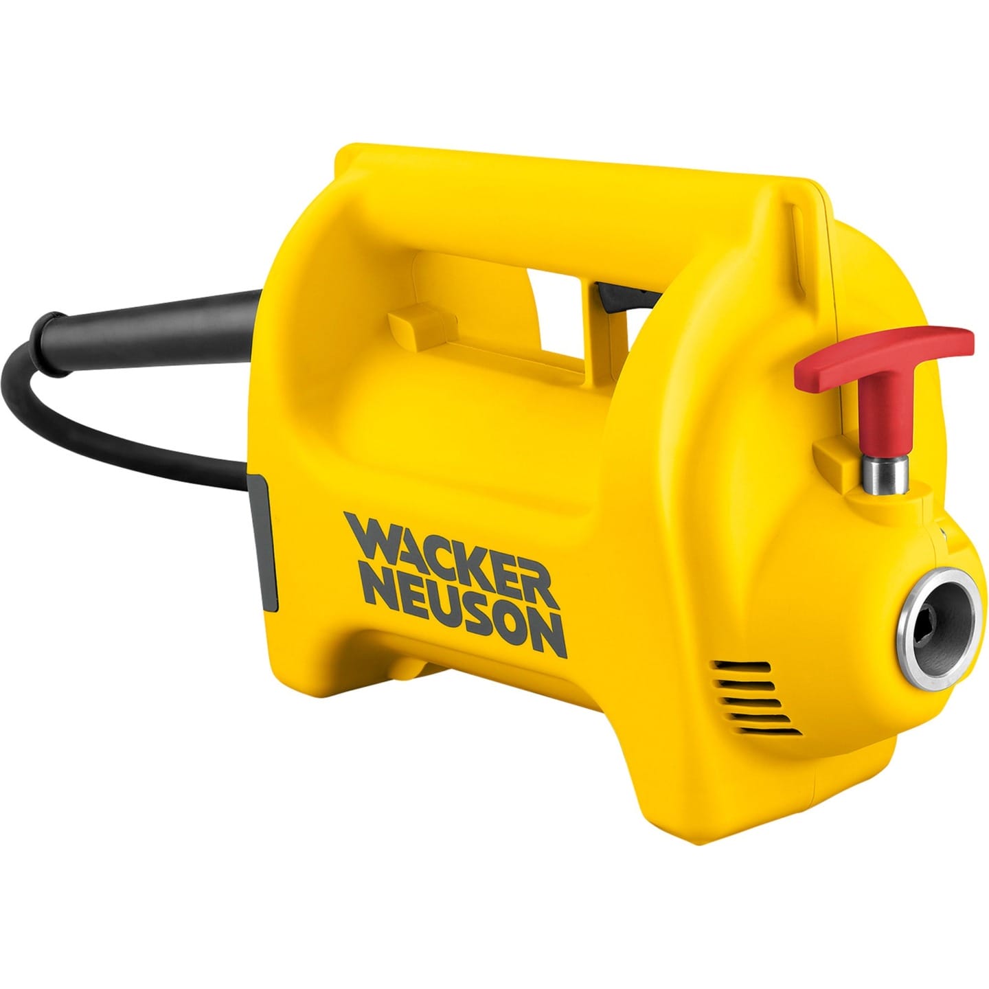 Yellow portable electrical device with a red button and black hose, labeled Wacker Neuson, used in construction.