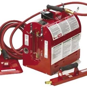 Red firefighting backpack pump with attached hose and nozzle.