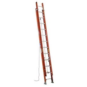 Red and silver extension ladder standing upright on a white background.