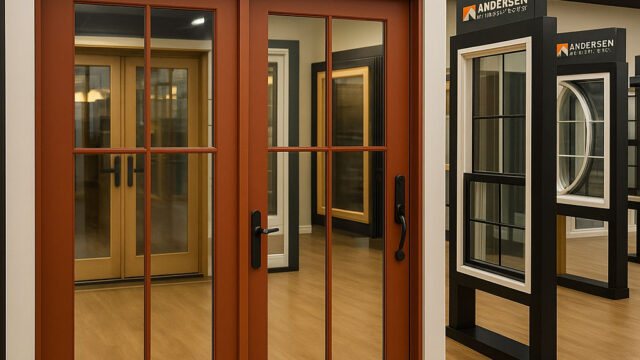 Showroom displaying Andersen windows and doors with various styles on wooden flooring.