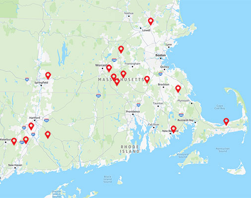 Map showing locations marked with red pins across Massachusetts and surrounding areas, including parts of Rhode Island.