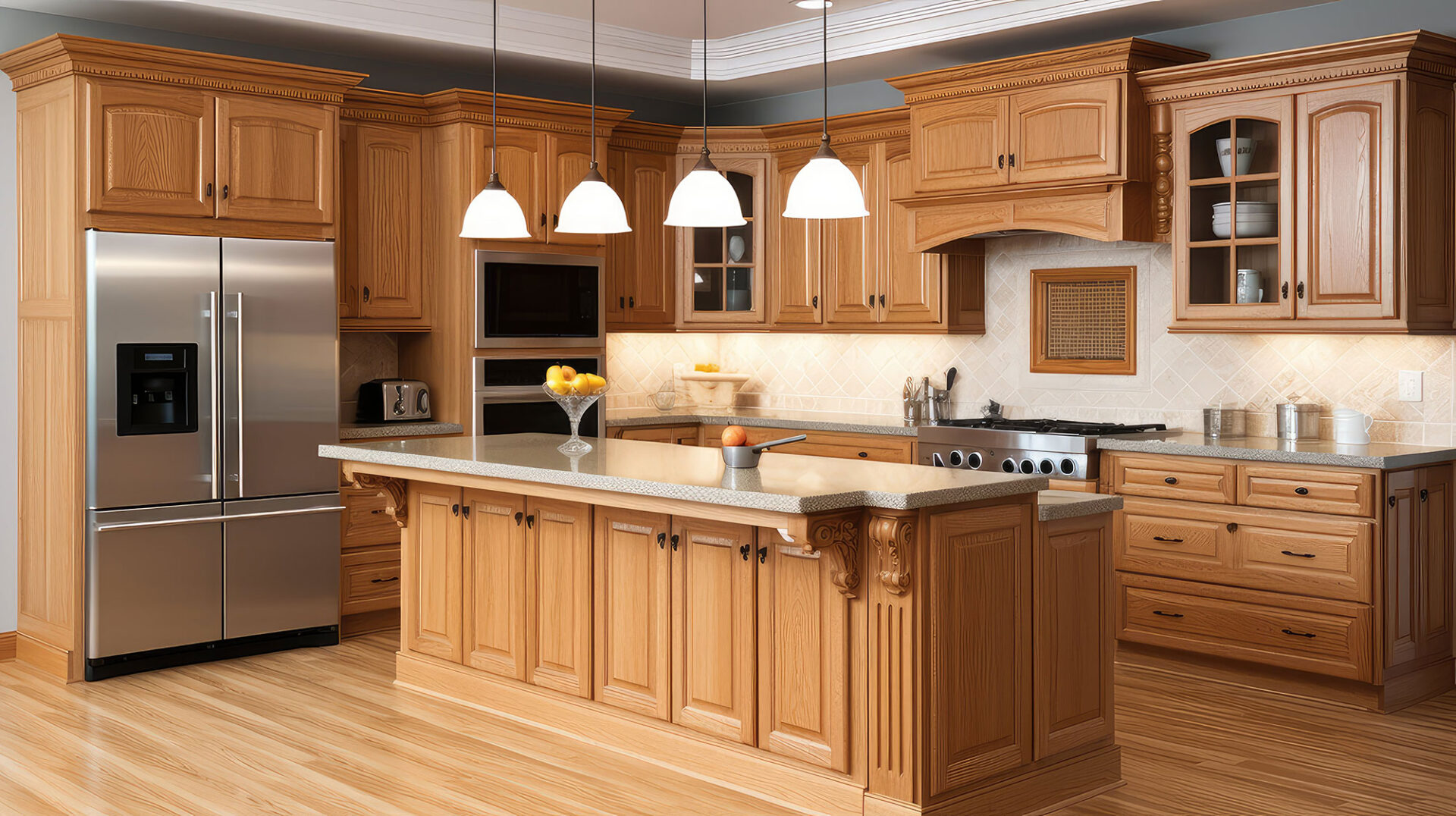 Spacious kitchen with wooden cabinets, marble island, hanging pendant lights, and modern appliances.