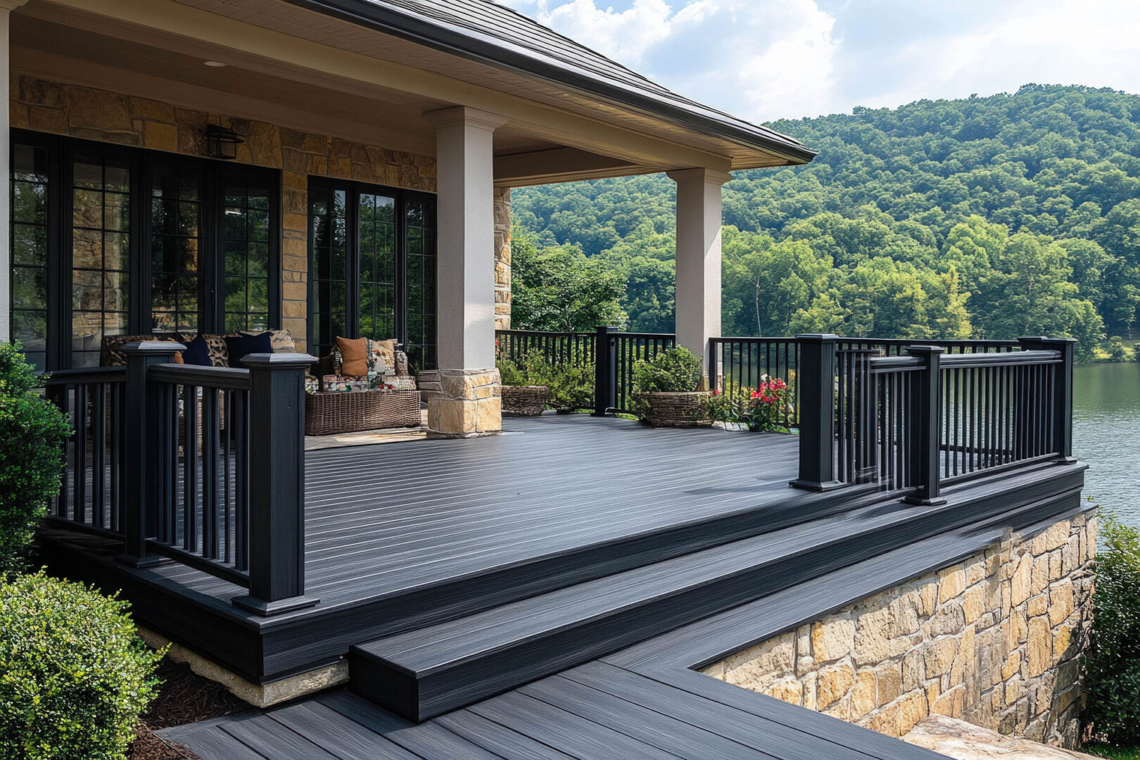 Modern porch with composite decking, black railings, and outdoor seating overlooking lush greenery and a lake view.