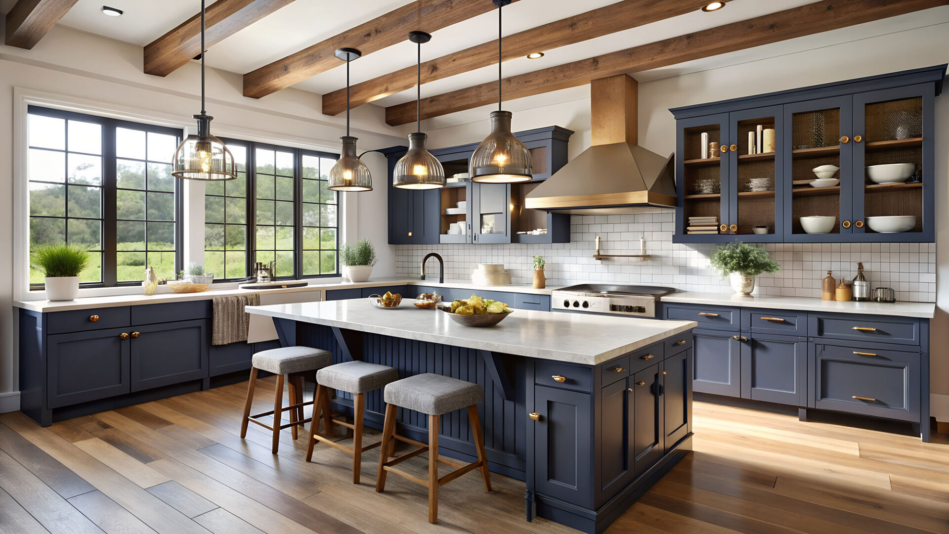 Modern kitchen with blue cabinets, large island, pendant lights, and wooden beams on the ceiling.