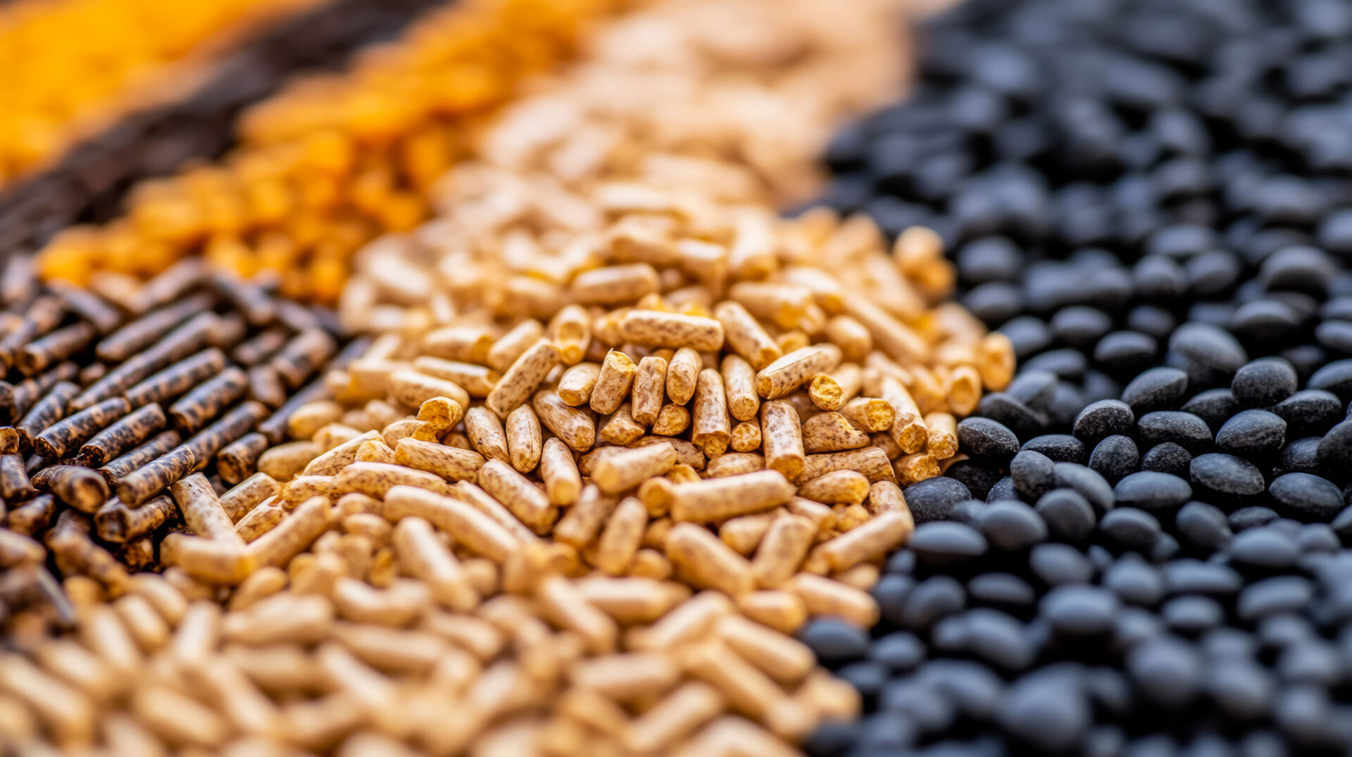 Close-up of assorted animal feed pellets and grains in various colors arranged in rows.