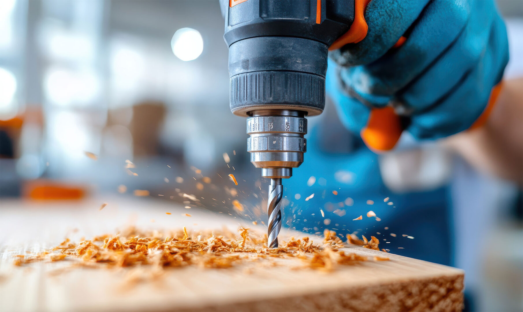 Close-up of a drill creating wood shavings as it pierces a wooden surface, operated by a gloved hand in a workshop.