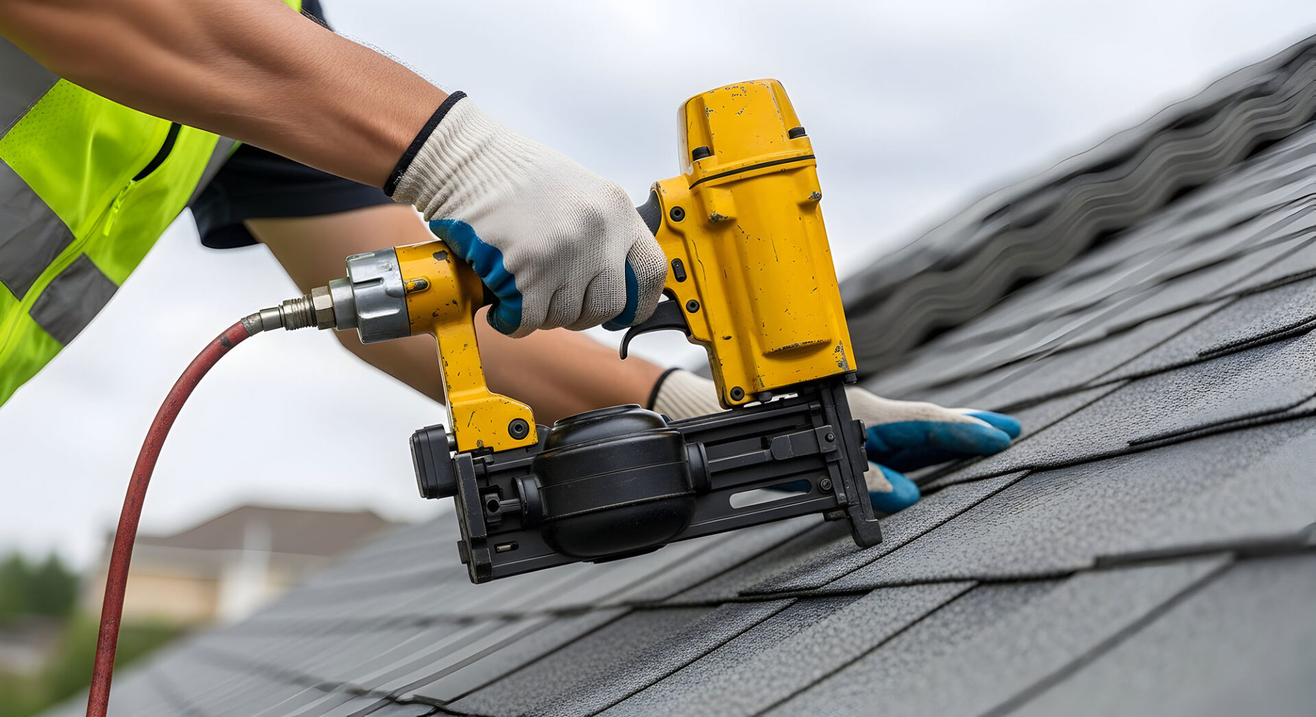 Worker using a yellow nail gun on a rooftop for shingle installation, wearing gloves for safety.