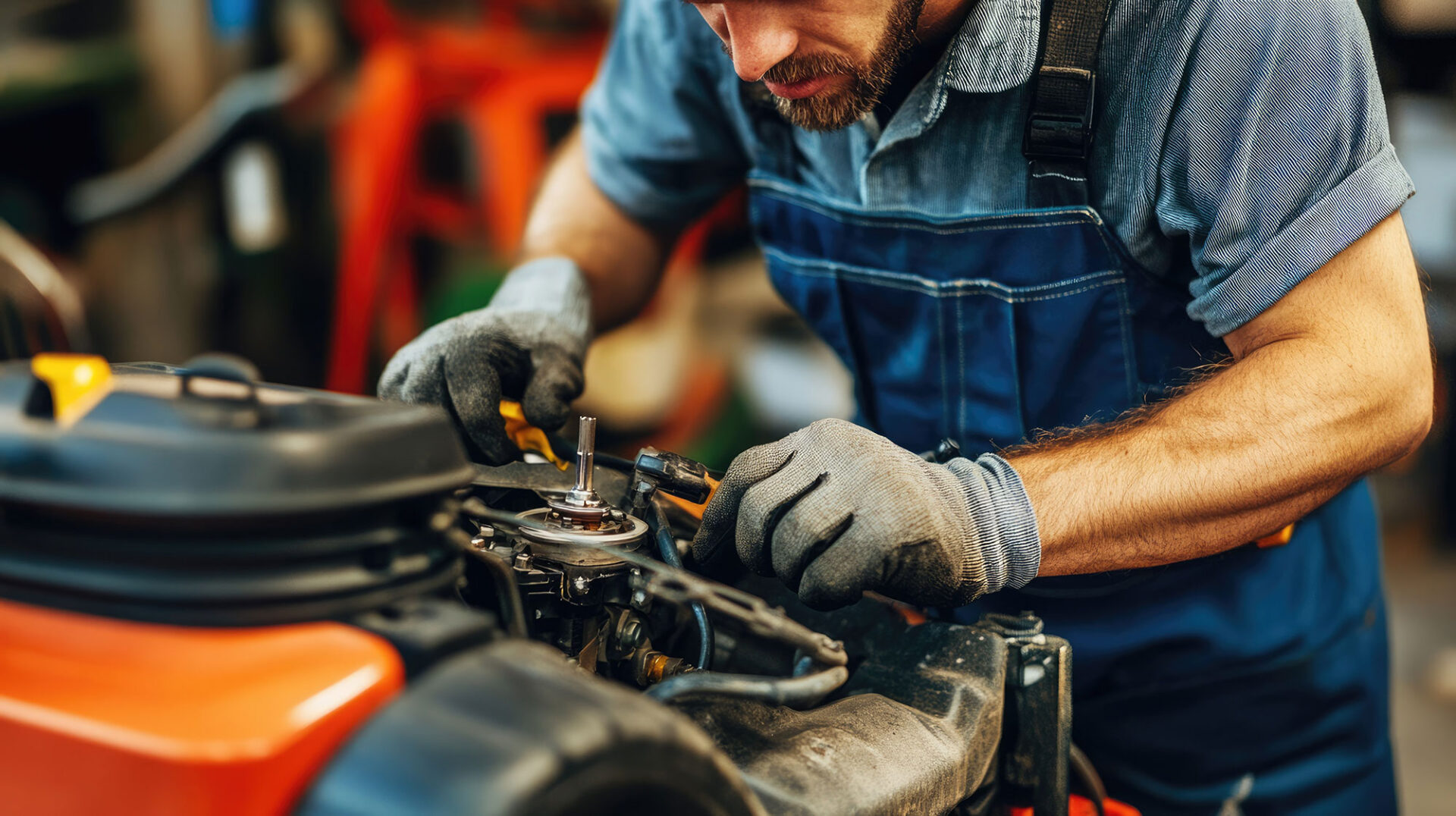 Mechanic in overalls and gloves repairing an engine with a wrench in a workshop setting.