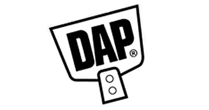 DAP logo, featuring bold black letters on a silhouette of a putty knife.