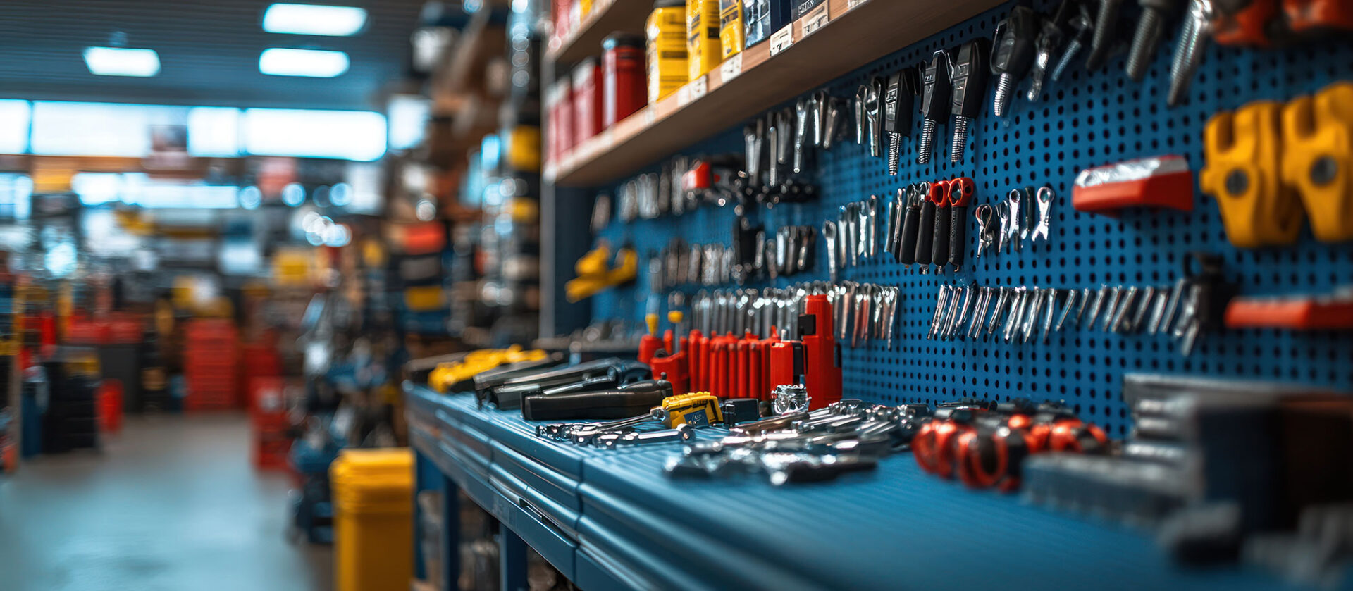 A variety of tools organized on a blue workbench in a well-lit workshop with shelves in the background.