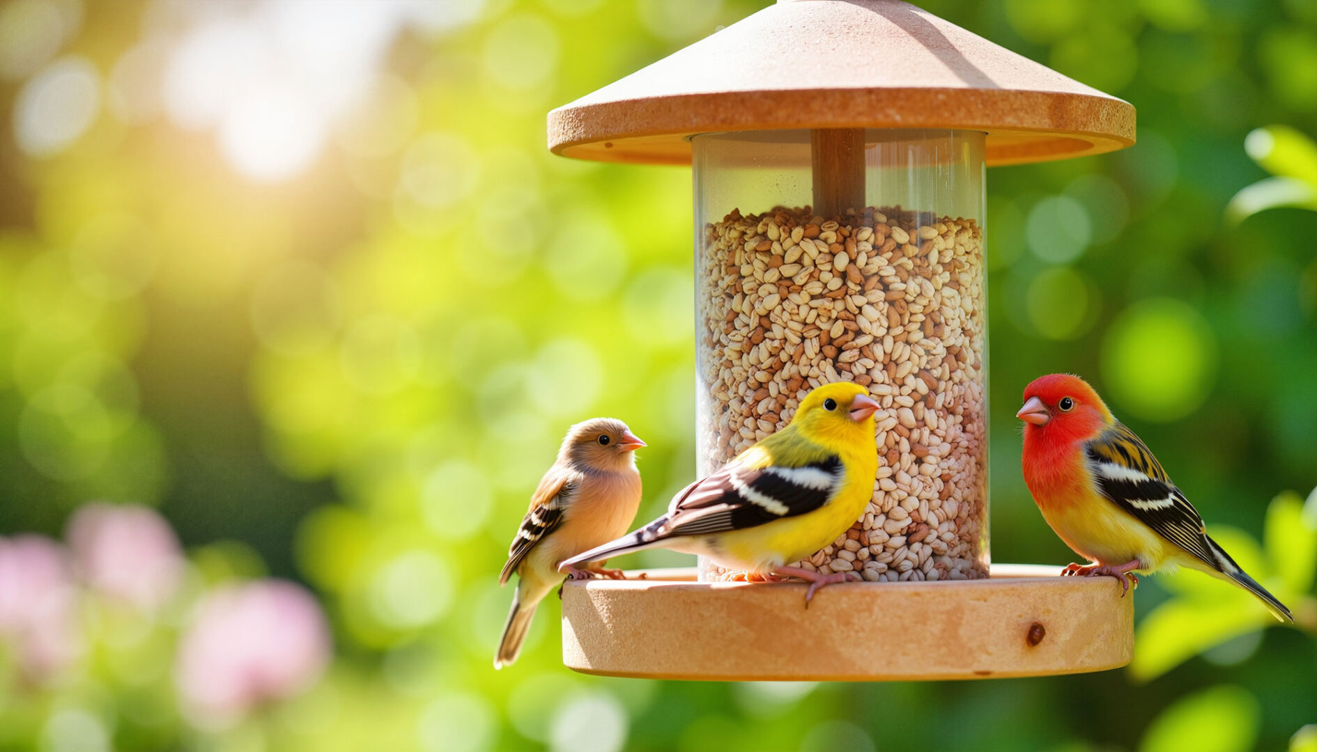 Birds perched on a wooden bird feeder filled with seeds, set against a blurred green background.