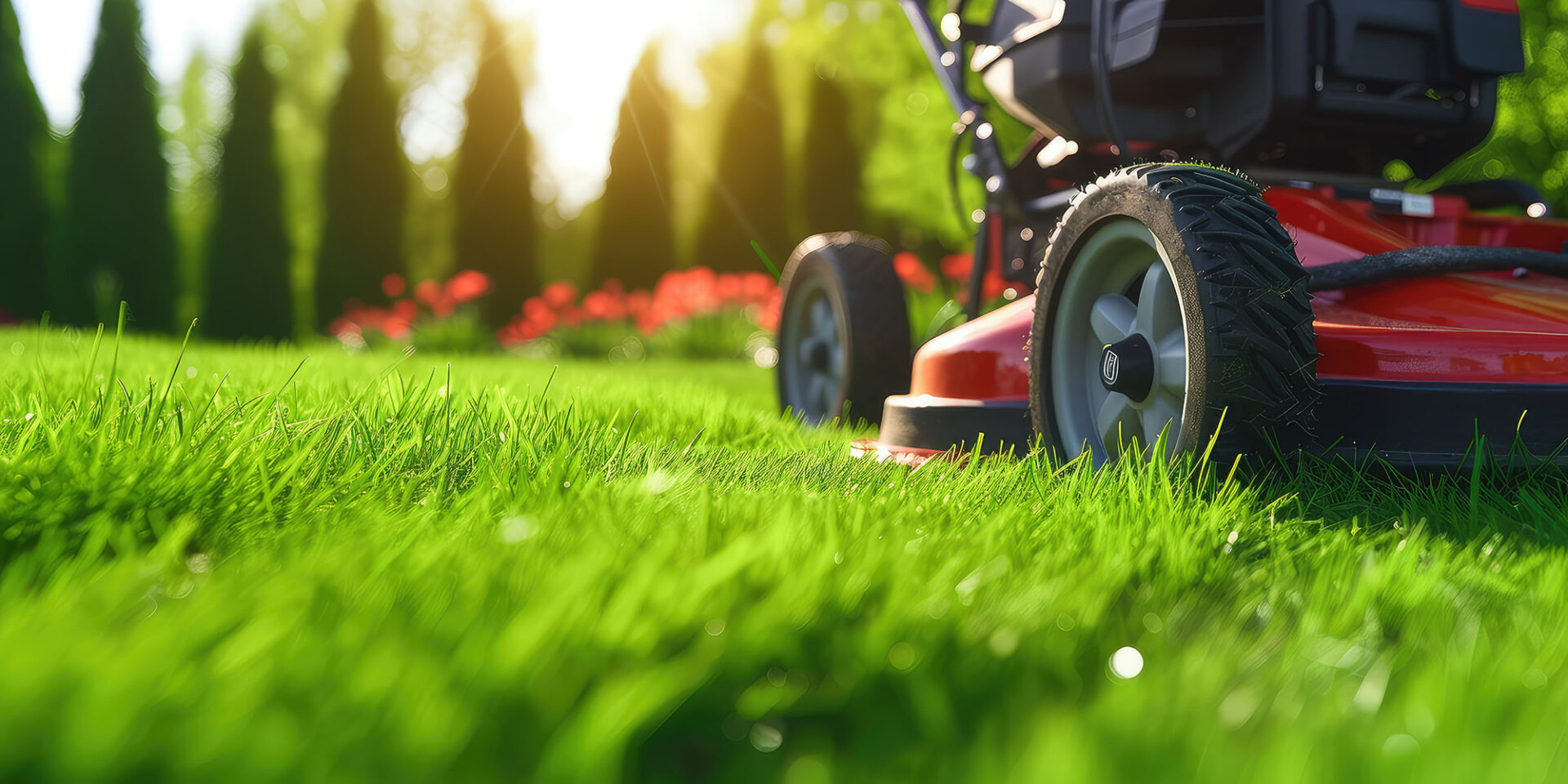 Close-up of a lawnmower cutting vibrant green grass with a garden and sunlight in the background