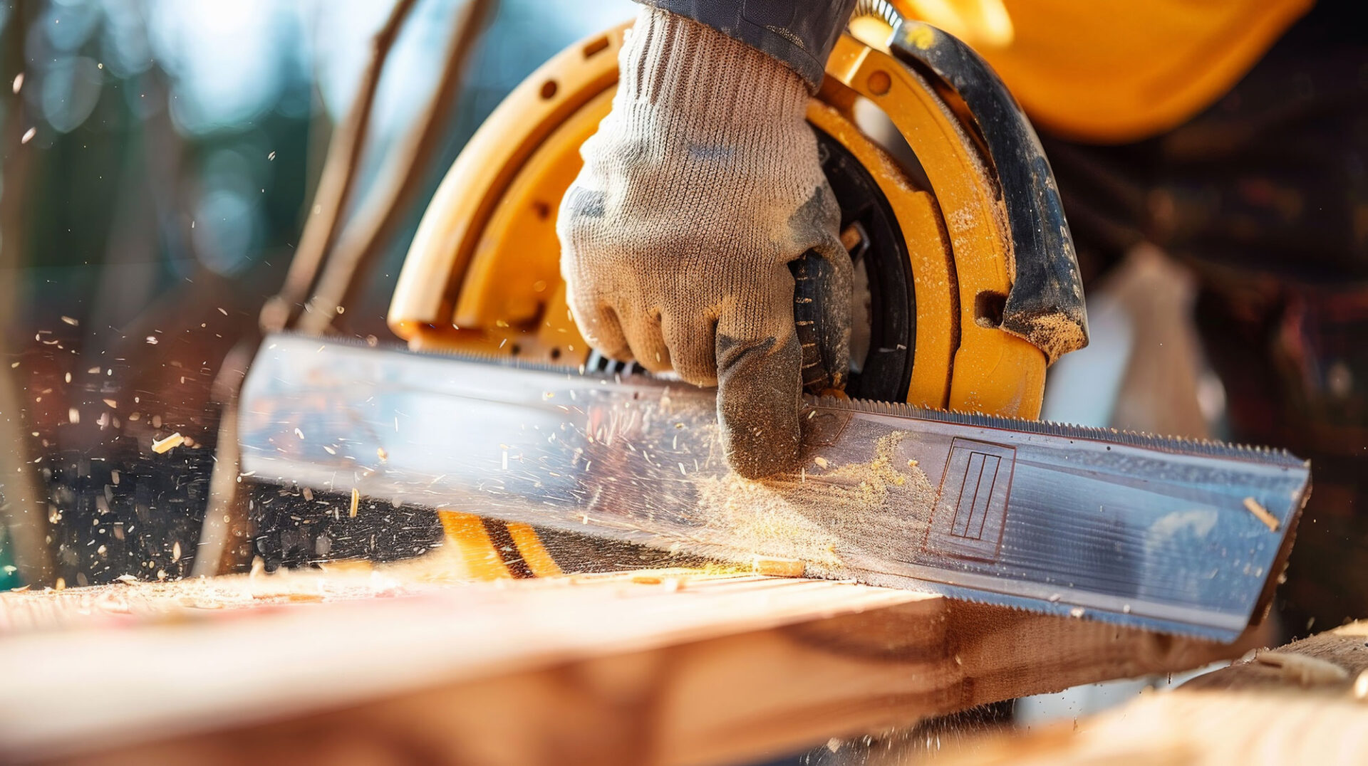 Person using a circular saw to cut wood, with sawdust flying in bright outdoor setting.