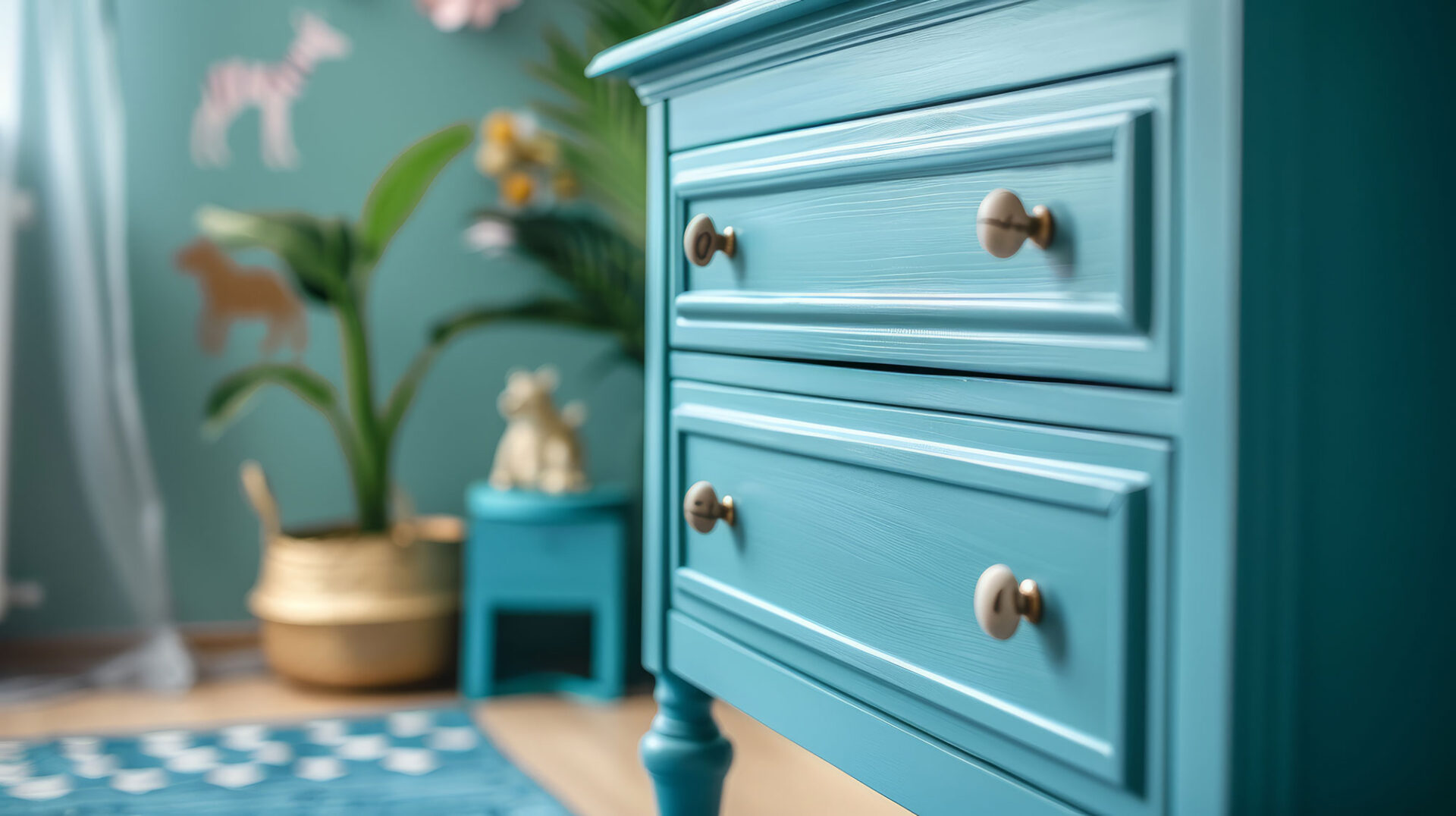 Close-up of a teal wooden dresser in a stylish room with plants and decor accents.