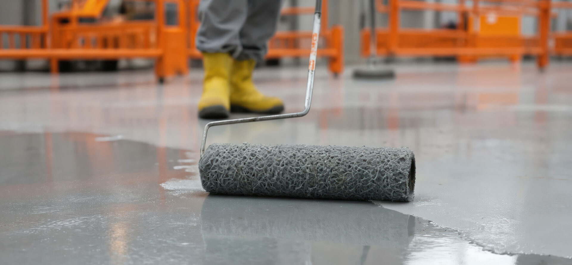 Worker applying floor epoxy with a roller, wearing yellow boots, in an industrial setting.