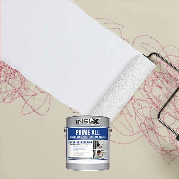 Paint roller applying white paint with INSL-X Prime All can on a beige wall with faint red scribbles.