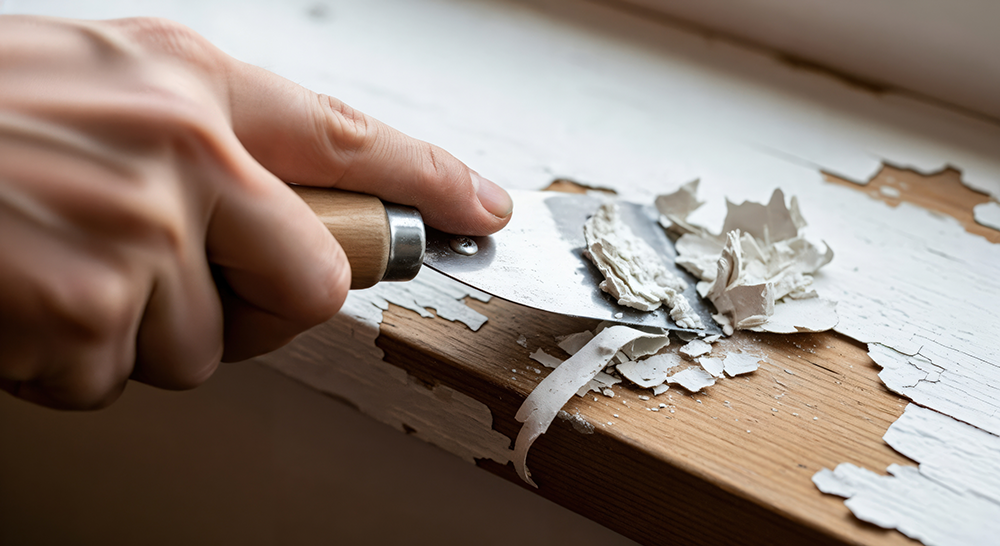 Hand using a scraper to remove peeling paint from a wooden surface near a window edge.