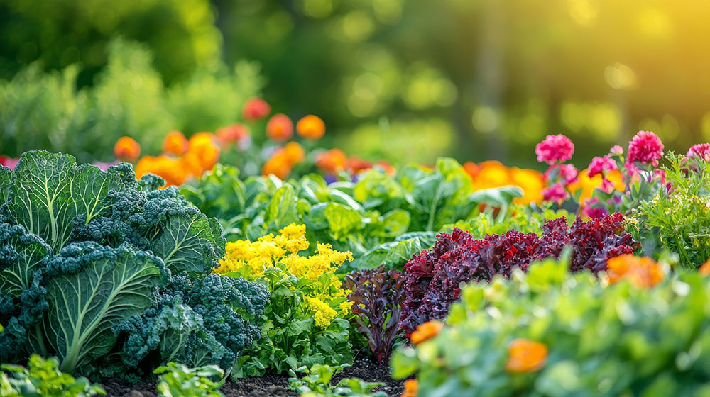 Colorful vegetable garden with various greens and flowering plants in bright sunlight.