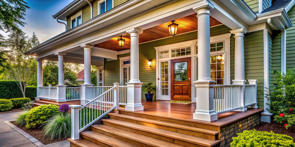 Elegant front porch with wooden steps, white columns, green facade, and welcoming wooden door under warm lighting.